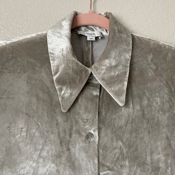 Vince Top Womens Medium Gray Velvet Silk Button Up Front Quiet Luxury Preppy - Picture 4 of 14